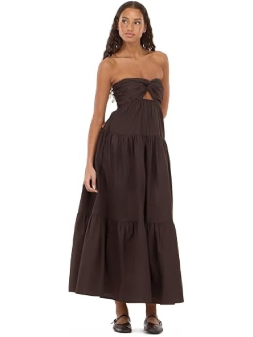 Strapless Brown Twist-Front Tiered Maxi Dress - Picture 2 of 10